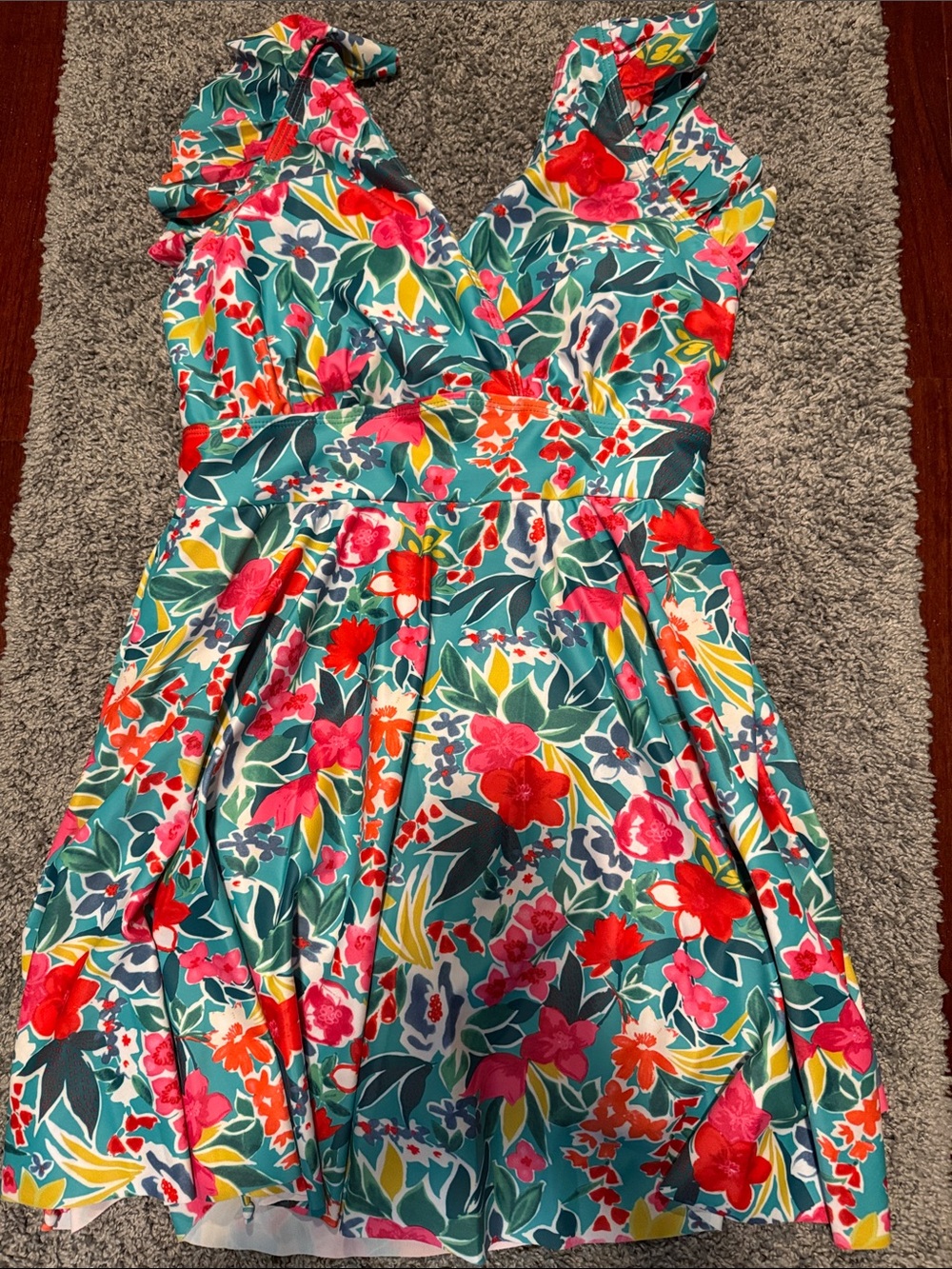 Bloomchic NWT size 10 Floral V-Neck Bathing Suit  — Teal & Multicolor Flowers